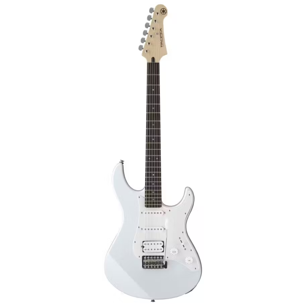 White Yamaha Pacifica 012 electric guitar with a sleek body and six strings, showcasing its versatile design and hardware.