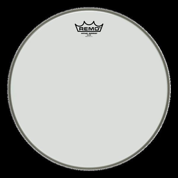 Remo Emperor Vintage Clear 13-inch drumhead displayed on a drum, showcasing its transparent, durable design for drum set use.