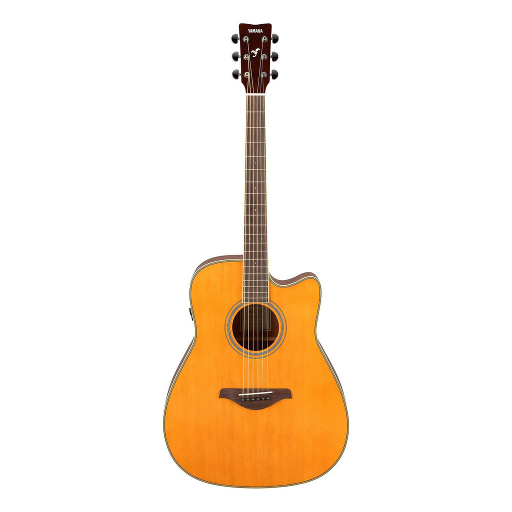 Yamaha FGC-TA traditional Western cutaway acoustic guitar in vintage tint, featuring a wooden body and steel strings.