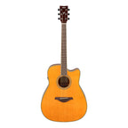 Yamaha FGC-TA traditional Western cutaway acoustic guitar in vintage tint, featuring a wooden body and steel strings.
