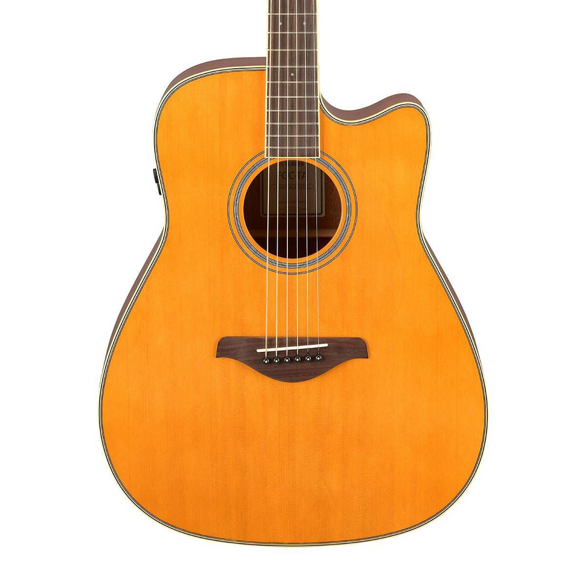 Yamaha FGC-TA traditional Western-style cutaway acoustic guitar with vintage tint finish, showing the body and fretboard details.
