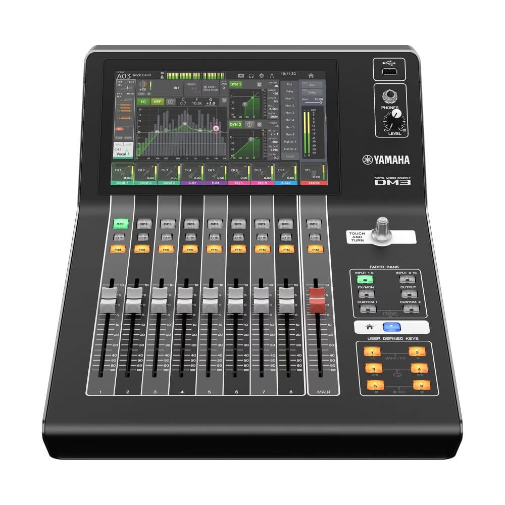 Yamaha DM3S 22-channel compact digital mixing console with multiple input knobs and digital display for professional audio mixing