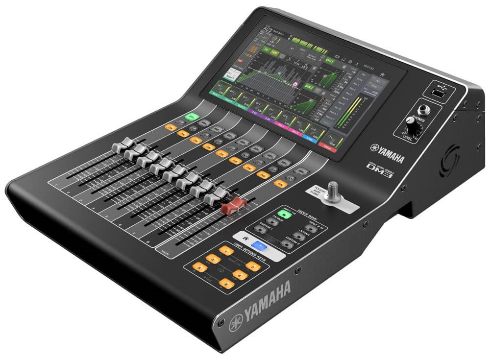 Yamaha DM3S 22-channel compact digital mixing console with multiple input jacks and control knobs for professional audio mixing.