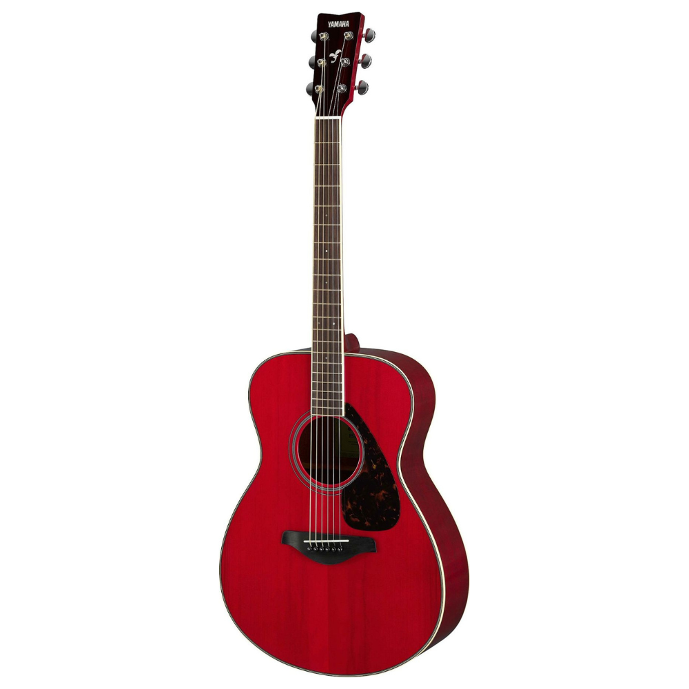 Yamaha FS820 concert acoustic guitar in striking ruby red finish, showcasing its body, fretboard, and tuning pegs.