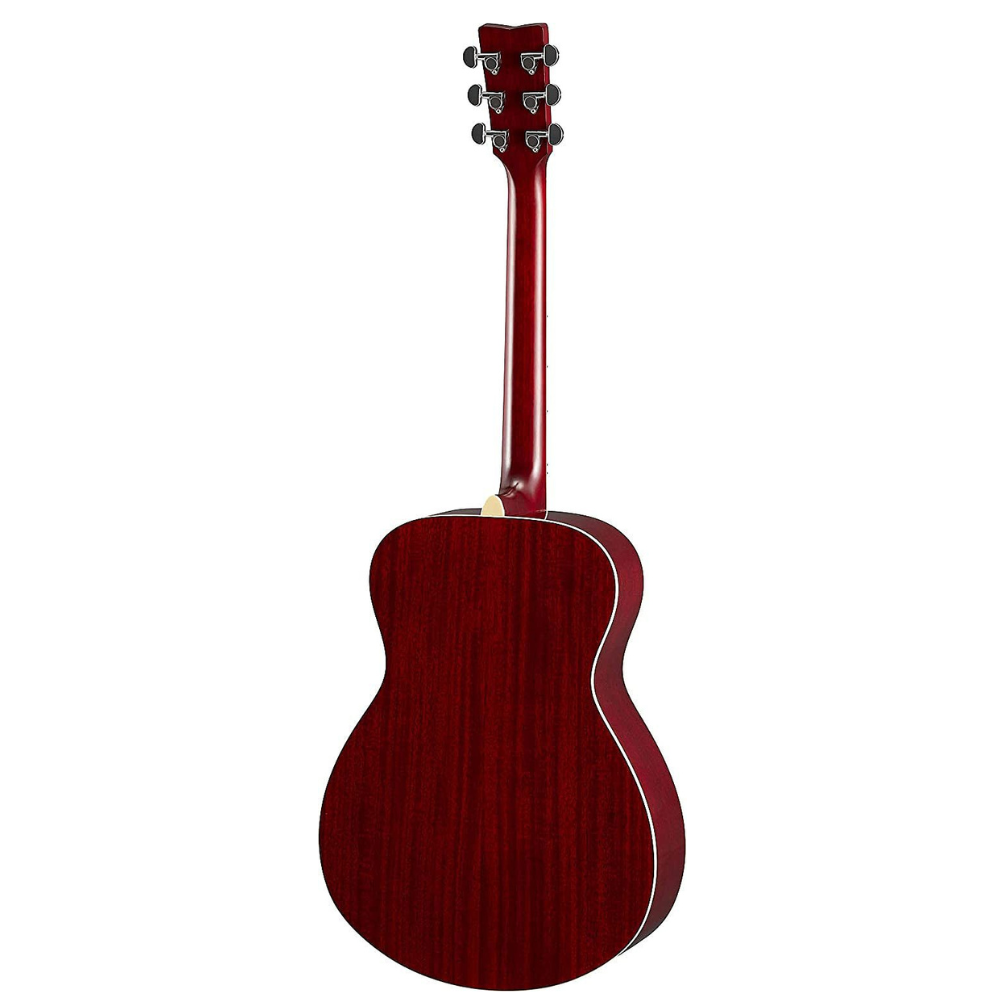Yamaha FS820 concert acoustic guitar in ruby red with a natural wood finish, showing the body and fretboard details.