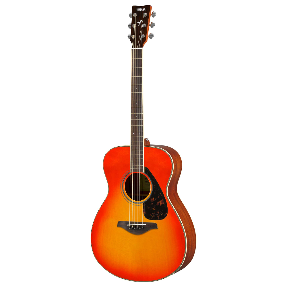 Yamaha FS820 concert acoustic guitar in autumn burst finish, showing the body and neck with detailed wood grain and bridge.
