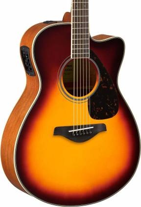 Yamaha FSX820C dreadnought acoustic guitar with solid spruce top, brown finish, and black hardware, showcasing its body and fretboard.