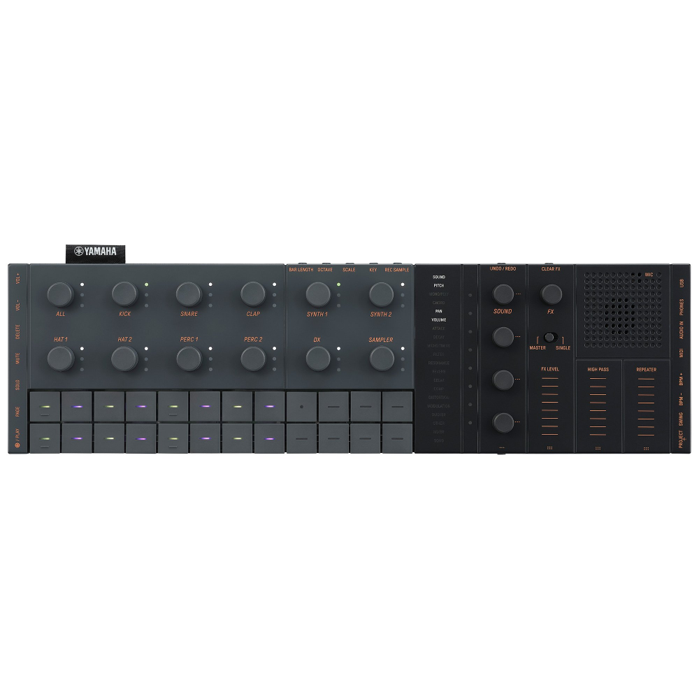 Yamaha SEQTRACK portable music production studio in black, showcasing sleek design and sampler features.
