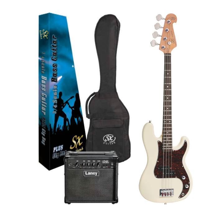 SX Essex & Laney 3/4 Bass Guitar Pack in Vintage White (VEP34VWH Bass & Laney LX10B Bass Amp)