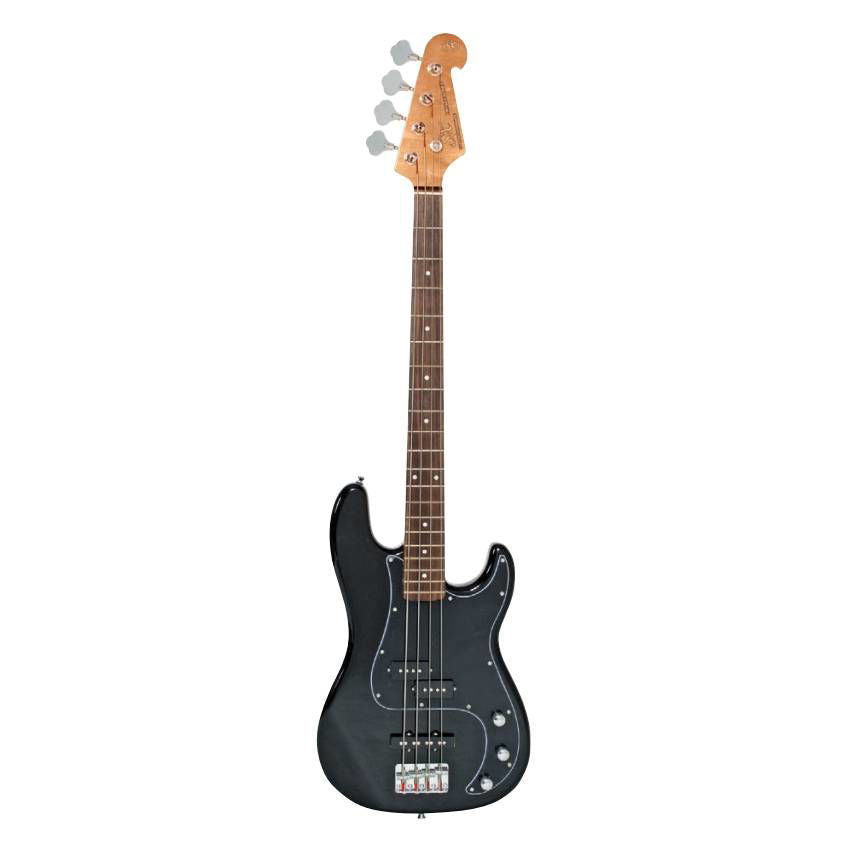 SX Essex PJ 4-string bass guitar in black, view of the instrument's body and neck, highlighting the sleek design and hardware.