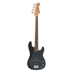 SX Essex PJ 4-string bass guitar in black, view of the instrument's body and neck, highlighting the sleek design and hardware.
