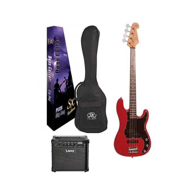 SX Essex & Laney 4/4 Bass Guitar Pack in Fiesta Red (VEP34FR Bass & Laney LX10B Bass Amp)