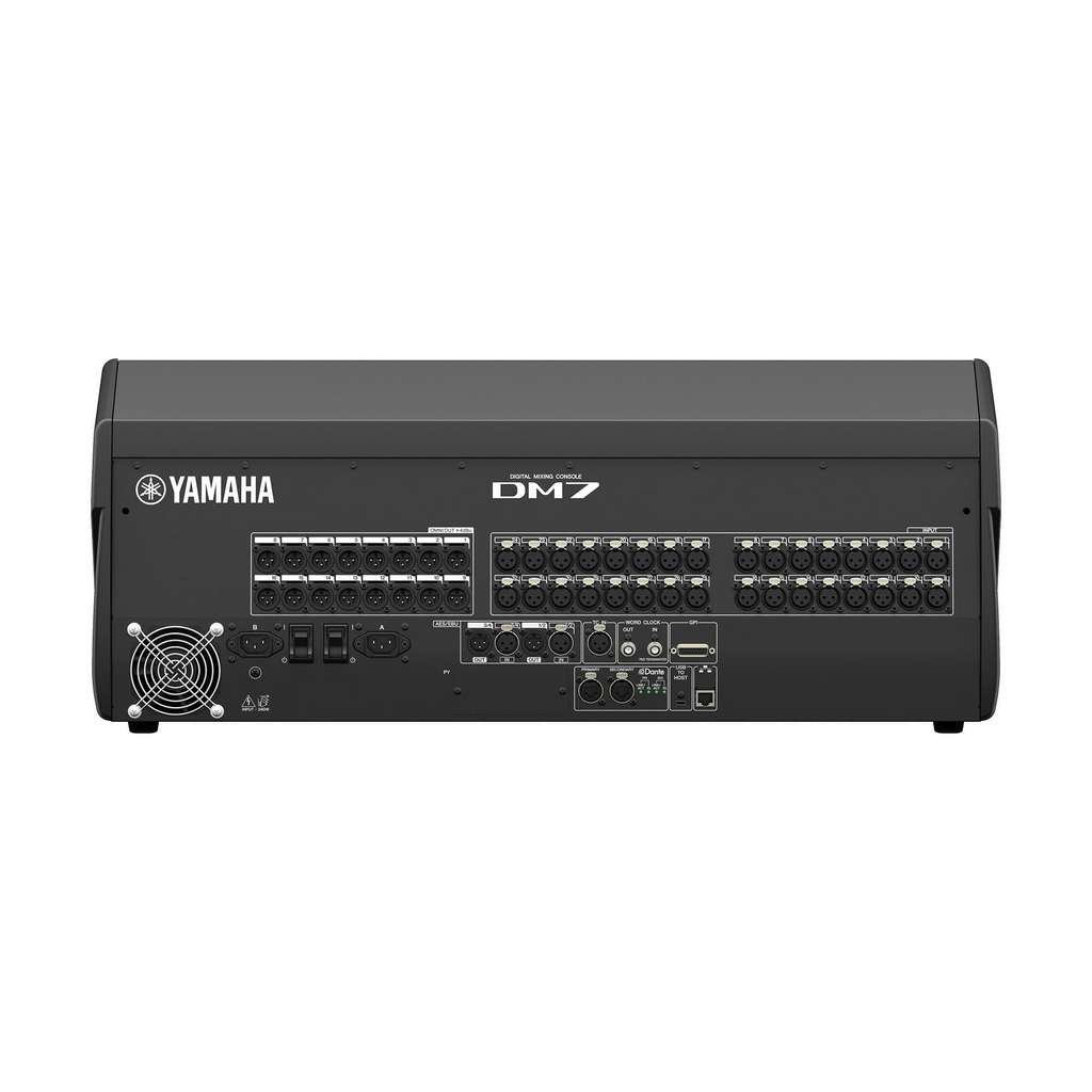 Yamaha DM7 digital mixing console with control knobs and display, professional digital desk mixer for audio mixing.