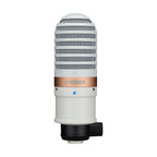 Yamaha YCM01B white studio quality condenser microphone on a neutral background, showcasing its sleek design and features.