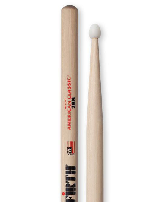 Vic Firth American Classic 2B nylon tip drumsticks, standard size sticks for drumming, with durable nylon tips visible.