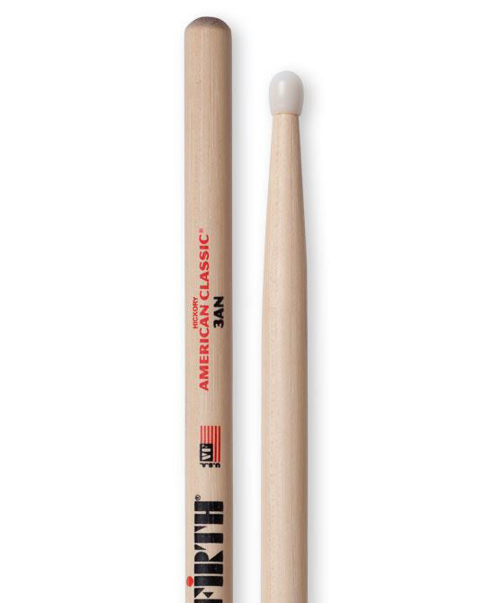 Vic Firth American Classic 3A nylon tip drumsticks for drumming, showing the lightweight wooden sticks with nylon tips.