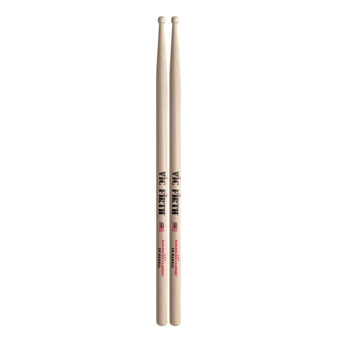 Vic Firth American Classic 5A drumsticks with barrel tips, showing their wooden design and size suitable for percussion playing.