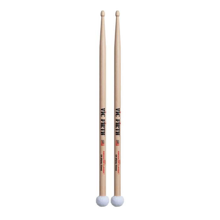 Vic Firth American Classic 5A dual-tone wood tip and felt drumsticks for versatile drumming.