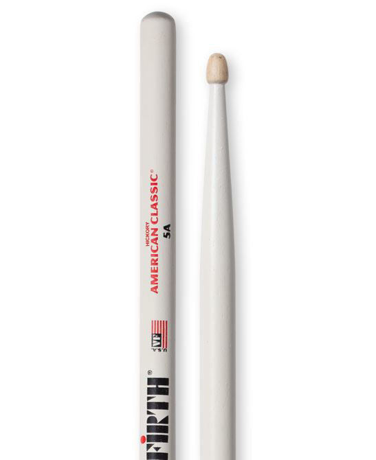 Vic Firth American Classic 5A white wood tip drumsticks, showing a pair with smooth finish and natural wood grain.