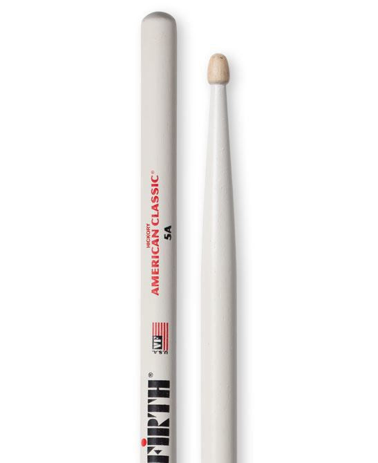 Vic Firth American Classic 5A wood tip drumsticks in white, designed for versatile drumming and durability.