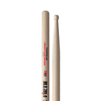 Vic Firth American Classic 5B drumsticks with barrel tips, showing the wooden sticks and textured grip area.