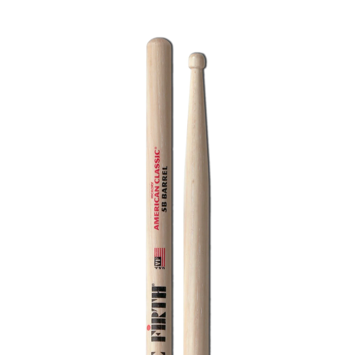 Vic Firth American Classic 5B drumsticks with barrel tips, showing the wooden sticks and textured grip area.