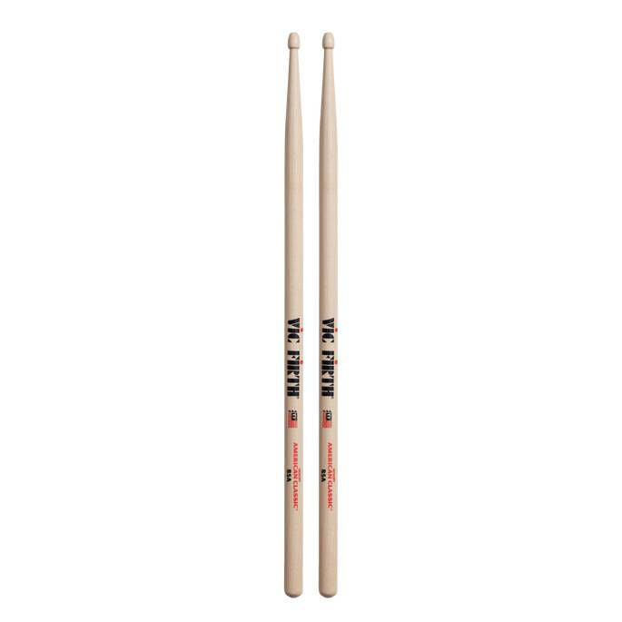 Vic Firth American Classic 85A wood tip drumsticks, showing the balanced design and natural wood finish for drumming performance.