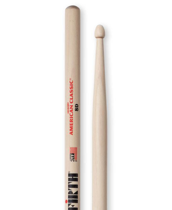 Vic Firth American Classic 8D wood tip drumsticks, standard size percussion sticks for drummers, displayed on a plain background.