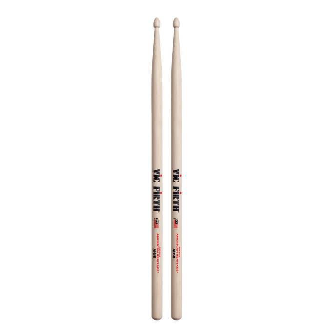 Vic Firth American Heritage 5B wood tip drumsticks shown, designed for versatile drumming and precise control.