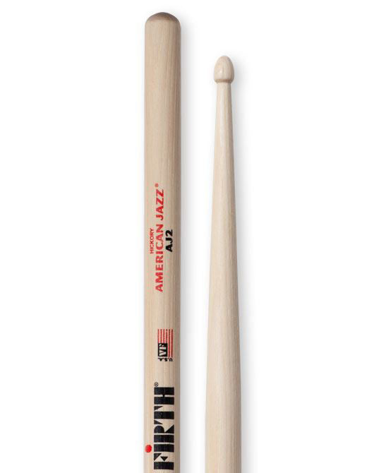 Pair of Vic Firth American Jazz AJ2 wood tip drumsticks for jazz drumming, showing the natural wood finish and brand logo.