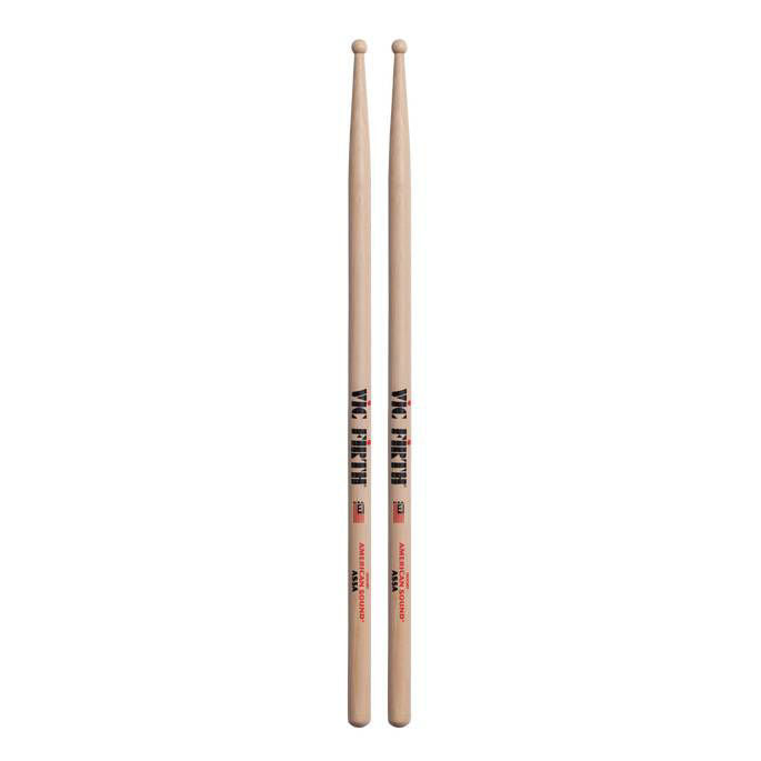 Vic Firth American Sound 5A wood tip drumsticks showing a pair of natural wood sticks with brand logo and detailed tip design.