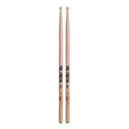 Vic Firth American Sound 5A wood tip drumsticks showing a pair of natural wood sticks with brand logo and detailed tip design.