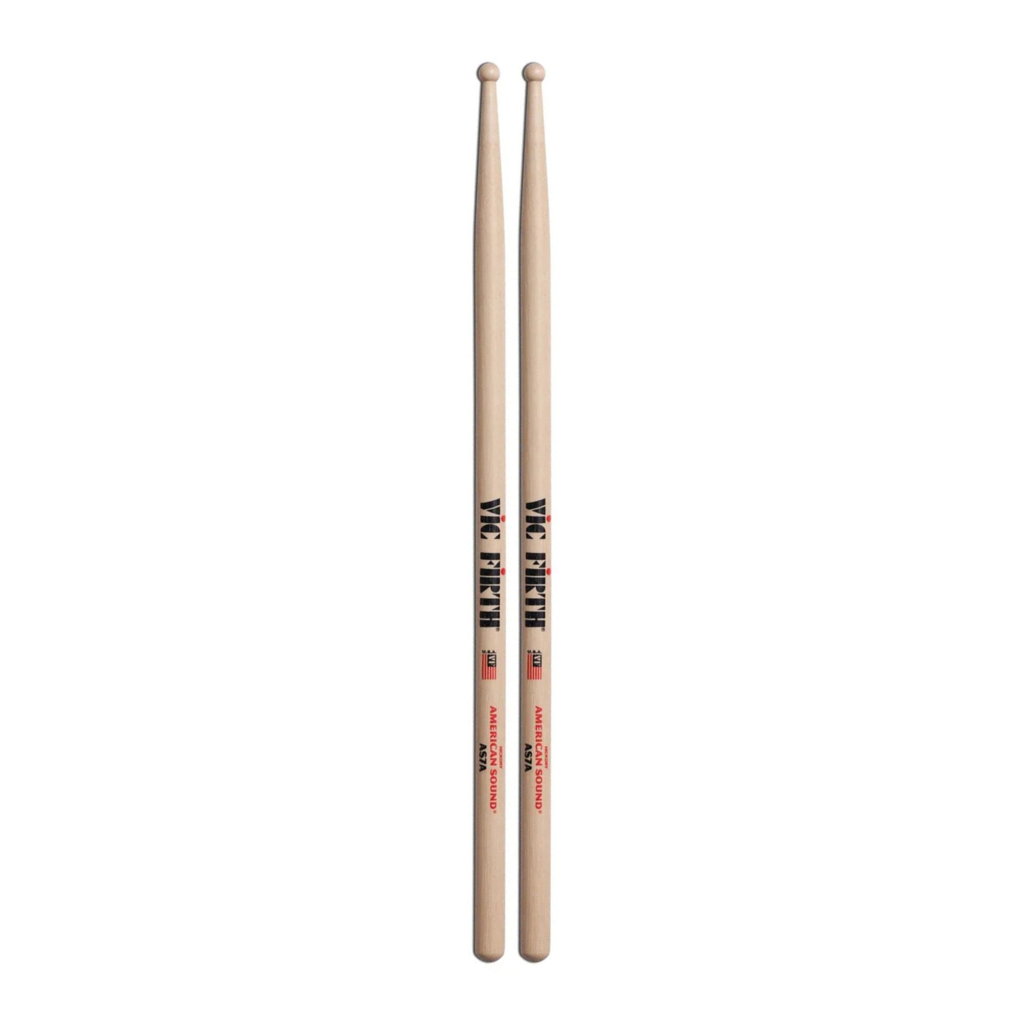 Vic Firth American Sound 7A wood tip drumsticks, showing a pair of high-quality sticks designed for drummers.