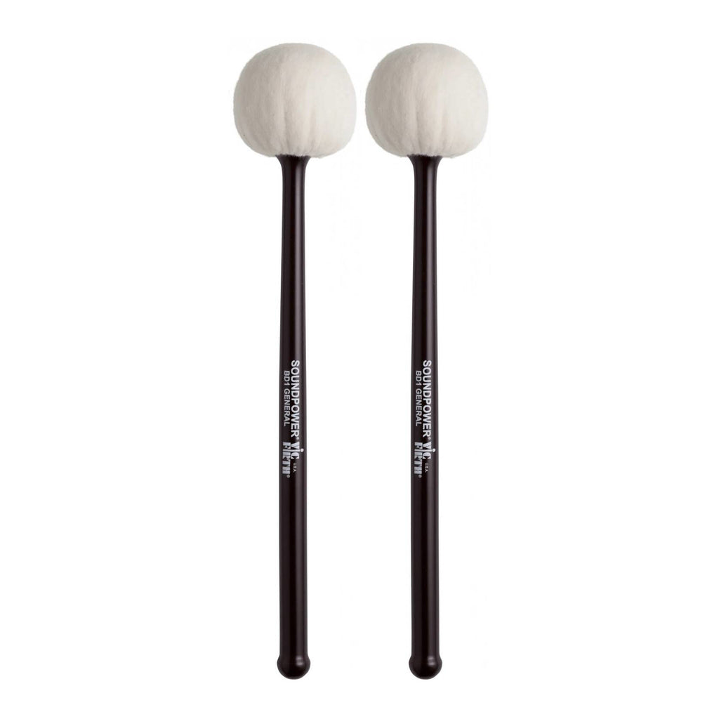 Vic Firth Soundpower bass drum mallets with wooden handles and large felt heads for powerful, deep bass drum sound.