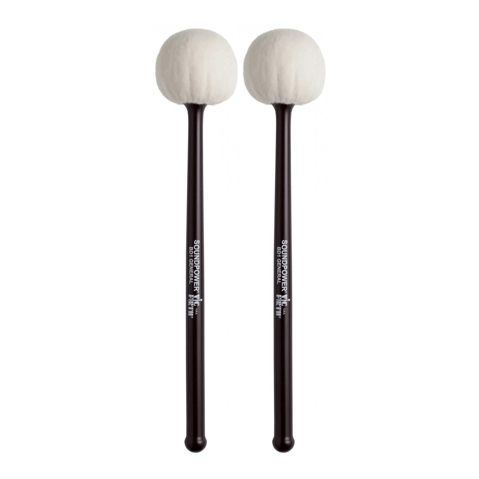 Vic Firth Soundpower bass drum mallets with wooden handles and large felt heads for powerful, deep bass drum sound.