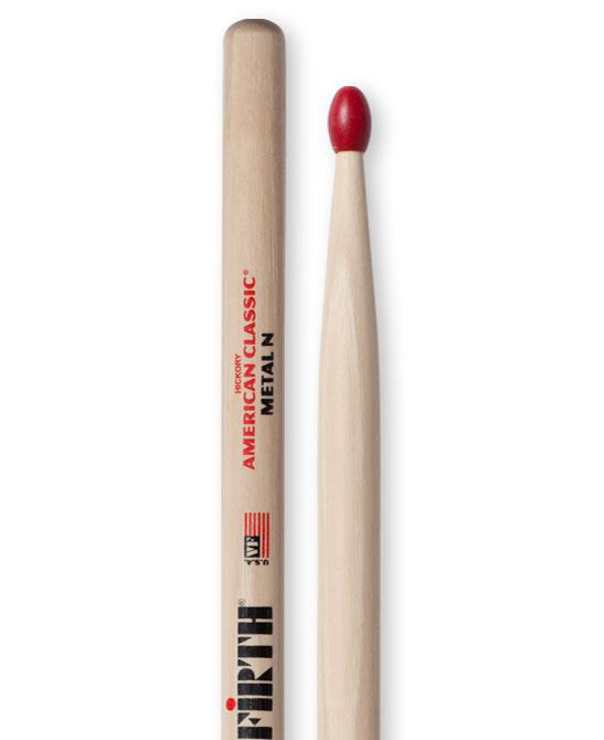 Vic Firth American Classic nylon tip metal drumsticks shown, designed for durability and balanced sound in percussion playing.