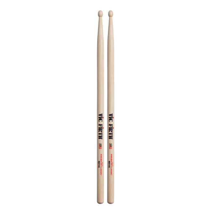 Vic Firth American Classic Metal Wood Tip Drumsticks, showing a pair of wooden-tipped sticks on a drum set.