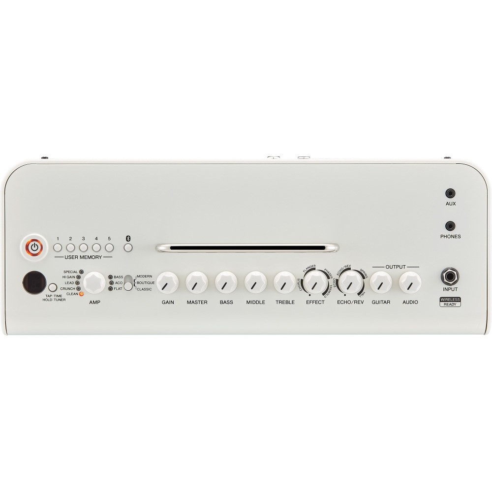Yamaha THR30II 30W wireless desktop guitar amplifier in white with Bluetooth connectivity and compact design.