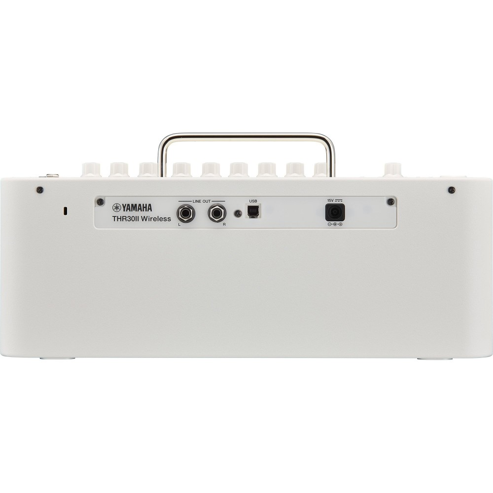 White Yamaha THR30II 30W wireless desktop guitar amplifier with Bluetooth, featuring control knobs and input jacks.