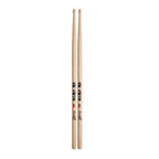 Vic Firth American Concept Freestyle 5A wood drumsticks on a drum set, showing their length and natural wooden finish.
