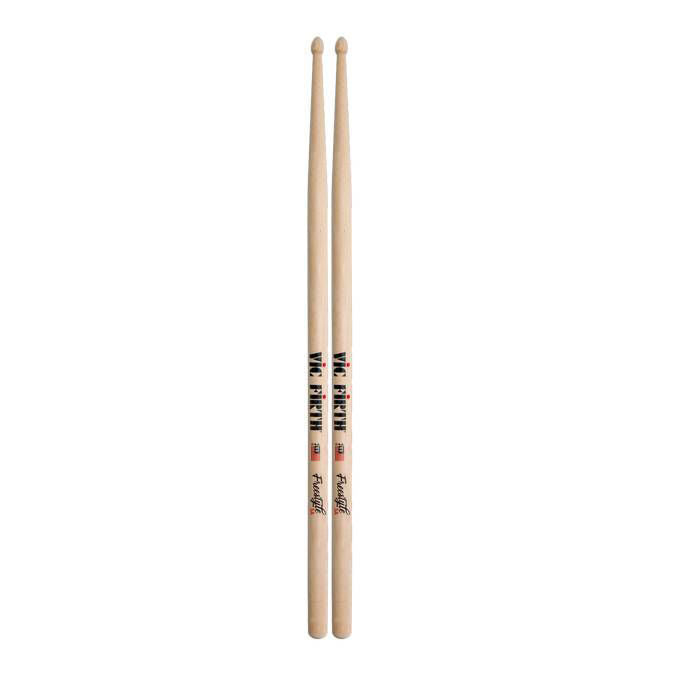 Vic Firth American Concept Freestyle 5A wood drumsticks on a drum set, showing their length and natural wooden finish.