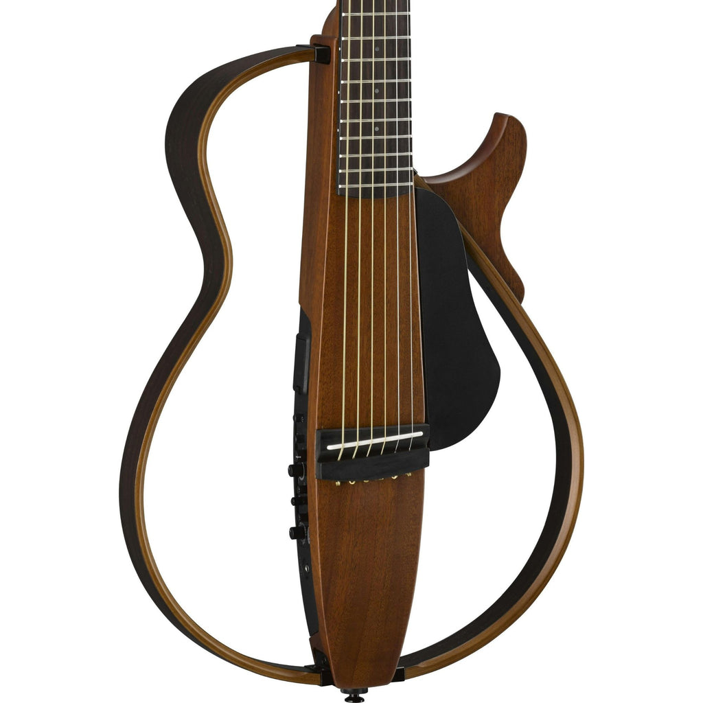 Yamaha SLG200S Steel Silent Acoustic Guitar in natural finish, showing the sleek body and neck profile, ideal for silent practice.