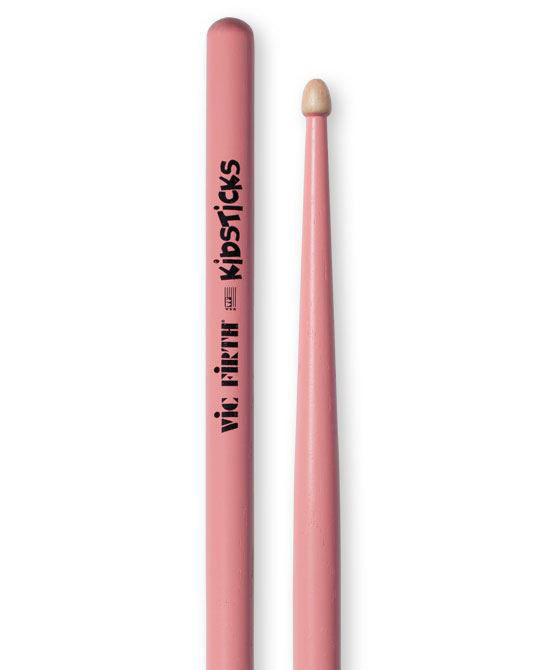 Vic Firth American Classic Kidsticks pink drumsticks for kids, showing lightweight wooden sticks with pink finish and Vic Firth branding.
