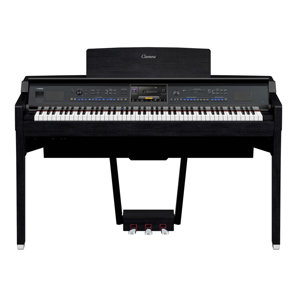 Yamaha CVP909 Clavinova digital piano with matching black bench, featuring sleek design and full-size keyboard for musical performance