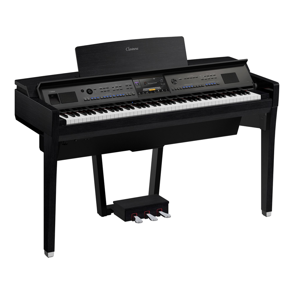 Yamaha CVP909 Clavinova digital piano in black with matching bench, featuring sleek design and full-sized keyboard for authentic play.
