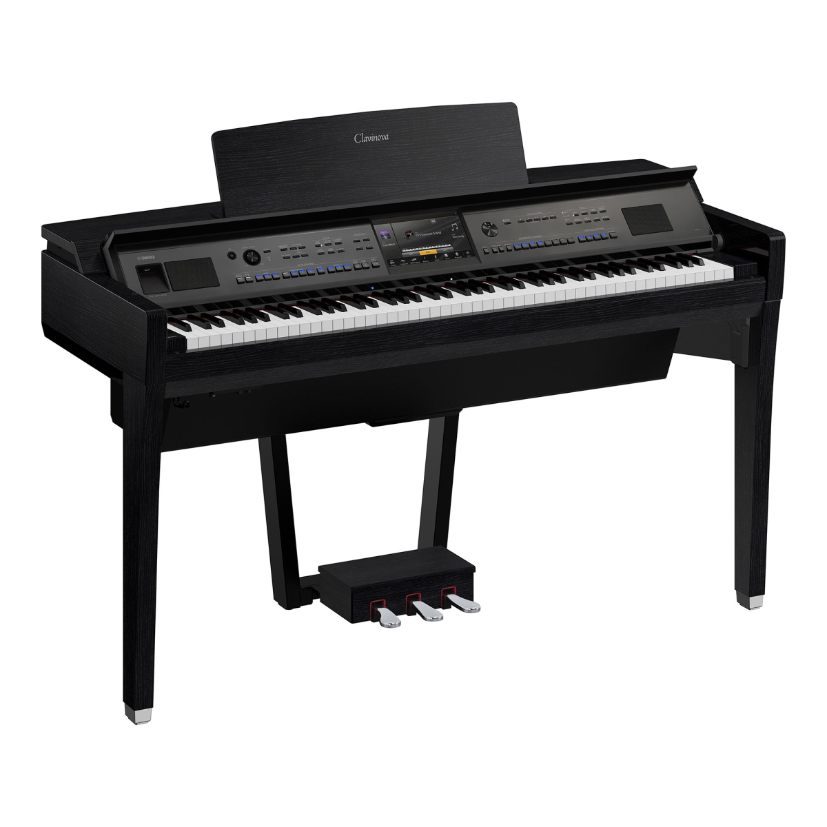 Yamaha CVP909 Clavinova digital piano in black with matching bench, featuring sleek design and full-sized keyboard for authentic play.