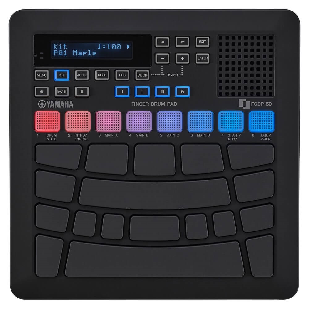 Yamaha FGDP-50 finger drum pad showing built-in speaker, playback sampler, and compact design for musicians.