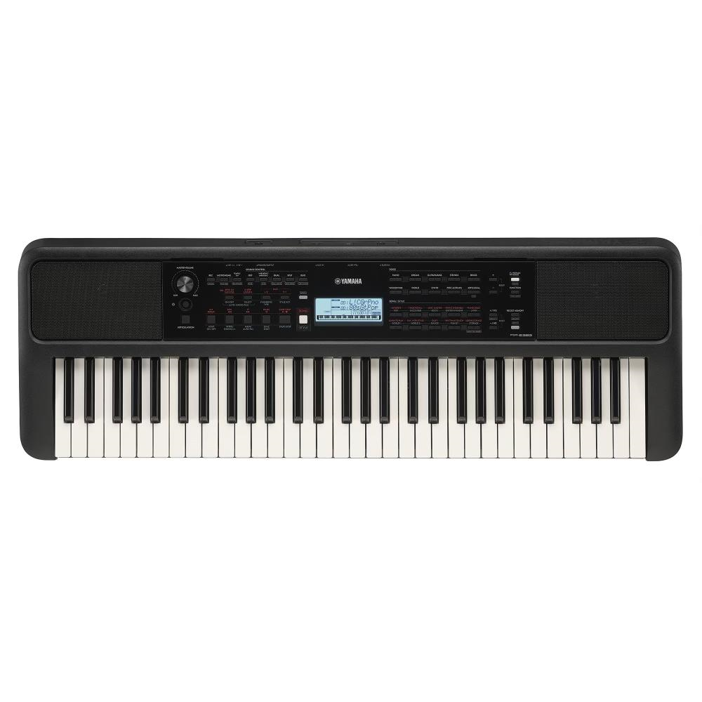 Yamaha PSR-E383 portable beginner keyboard with bundled Stagg single brace keyboard stand, featuring keys and control panel.