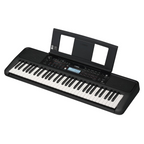 Yamaha PSR-E383 portable beginner keyboard with bundled Stagg single brace keyboard stand, showing the keyboard and stand setup.