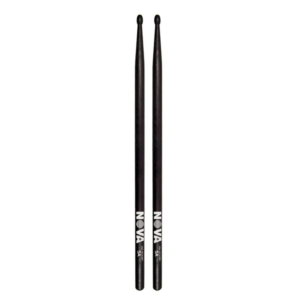 Vic Firth 5A black wood tip drumsticks with NOVA imprint, designed for percussionists and drummers.